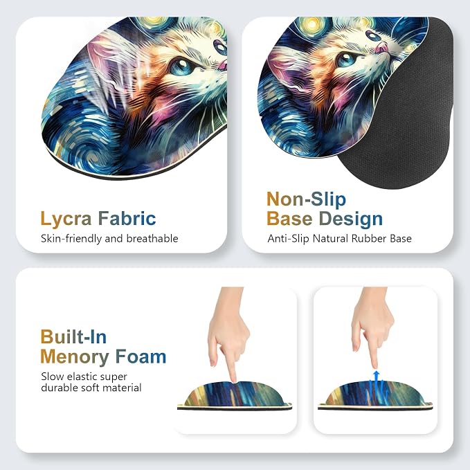 Large Gaming Mouse Pad Set, 4 in 1 Ergonomics Keyboard Desk Mat Memory Foam Wrist Rest, Computer PC Extended Game Mousepad, Non-Slip Desk Matt Easy Typing Pain Relief I Starry Night Art Cat