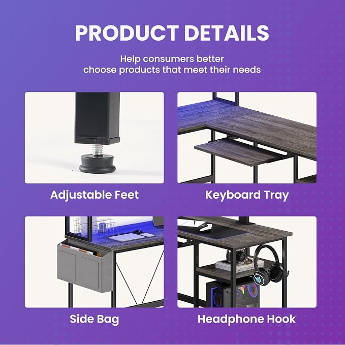 DUMOS 67" L Shaped Gaming Desk, Reversible Computer Desks with LED Lighting, Corner Desk for Compact Spaces with Keyboard Tray & Storage Shelf, Metal Frame PC Gaming Table for Home Office, Gray