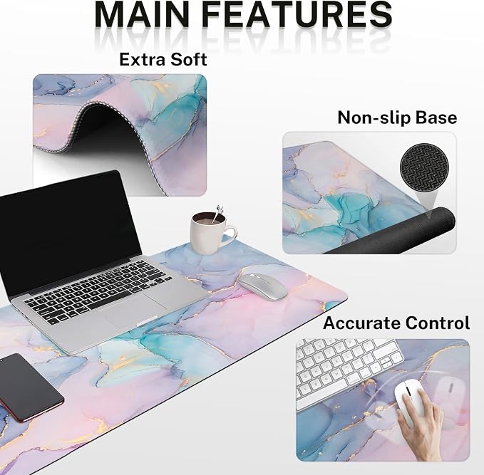 Keyboard Mouse Pad Set, 4 in 1 Desk Mat Set, Liquid Marbling | Blue Purple Large Mousepad+Keyboard Wrist Rest+Mouse Wrist Rest+Coaster Ergonomic Design for Home Office Computer