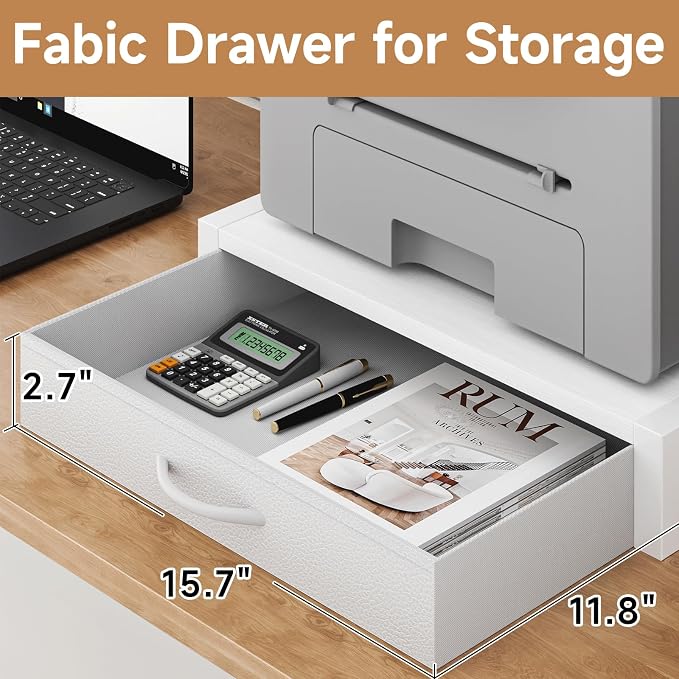 YAOHUOO 2-Tier Desktop Printer Stand with Fabric Drawer,17.3"x11.8" White | Printer Table with Storage Shelf,Desk Organizer for Home Office,Fit Printer,Fax Machine,Scanner,Space Saving for Two Monitors