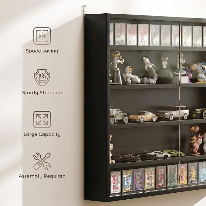 HOMCOM 5-Tier Wall Mounted Display Cabinet Glass Doors 60x80cm Jet Black | Display Case, 4 Adjustable Shelves, for Home Office Ornaments