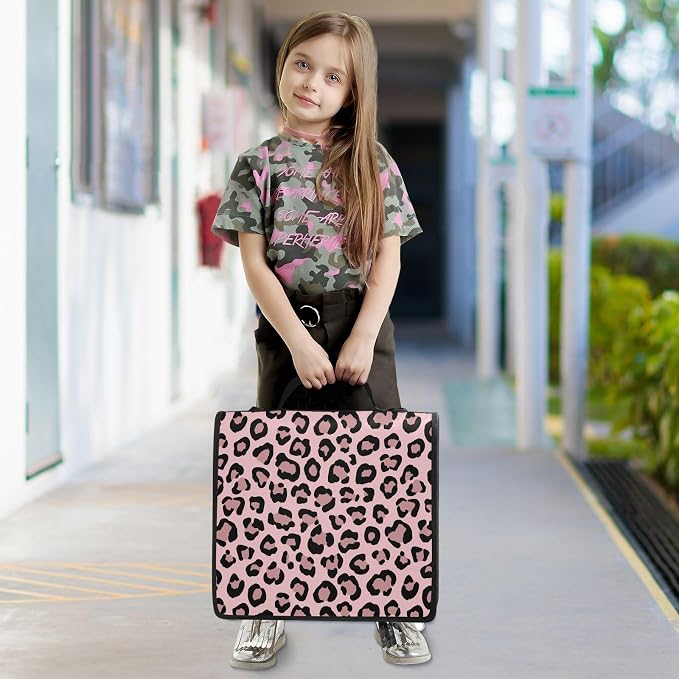 Leopard Pink Pattern 3 Ring Zipper Binder with Shoulder Strap & Handle 1.5 Inch D-Ring Zippered Bag with Pencil Pouch,Multiple Pocket & Expanding File Folder, Binder Organizer for School or Office