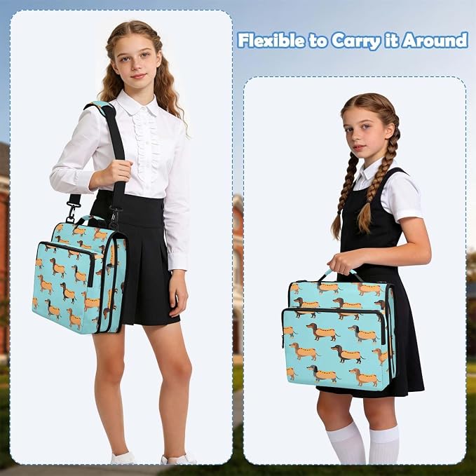 Cute Dachshunds Hotdog Blue Zipper Binder 3 Ring with Handle and Shoulder Strap, 500 Sheet Binder Organizer Capacity & Multi-Pockets for School Office
