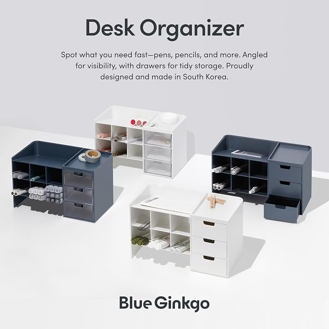 Blue Ginkgo Stackable Desk & Pen Organizer, Blue, Made in Korea | Multi-Compartment. 3 Drawers. Easy Access.