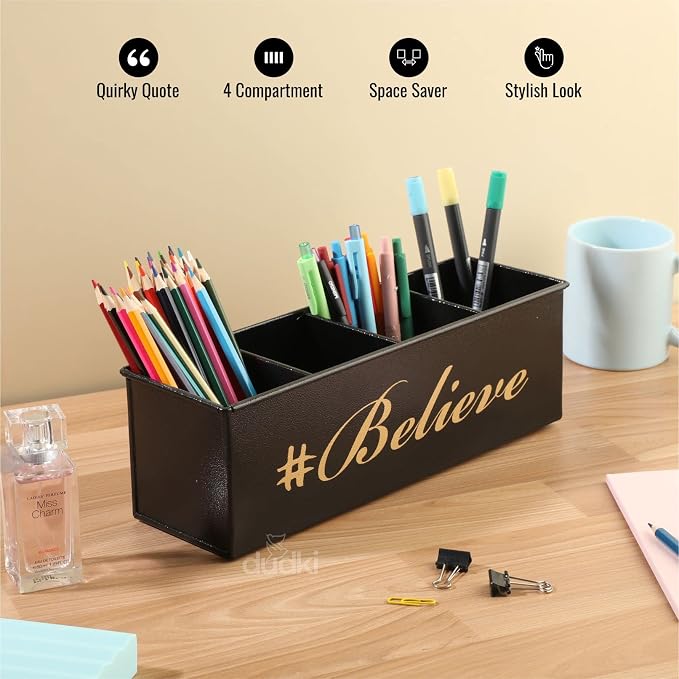 DUDKI Home Present Desk Organiser 4 compartments Decorative Pen Pencil holder, Vanity Kit, Travel Box, Makeup Box, Cosmetic Box, Storage Box, knife Holder, Spoon Holder - Gift Office Desk Decor