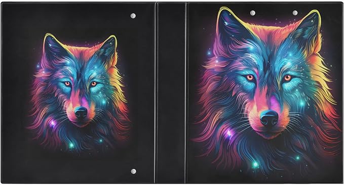 JIPONI 3 Ring Binder Wolf Colorful Neon 1 Inch Round Binders for Men Women Students, Cute File Organizer for Office School, 2pcs