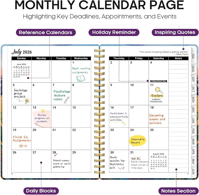 Taja Planner 2026-2027, Jul 2026-Jun 2027 Monthly & Weekly Calendar Planner | 6.3" x 8.5", Hardcover Academic Calendar, Teacher Student Agenda Book with Tabs, School Office Supplies, Golden Meadow