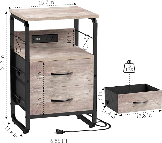 runjuly Small End Table with Charging Station and Hooks, Greige | 2 Fabric Drawers Storage, Type C & USB Ports & Power Outlets, Farmhouse Style, Metal Nightstand for Living Room / Bedroom