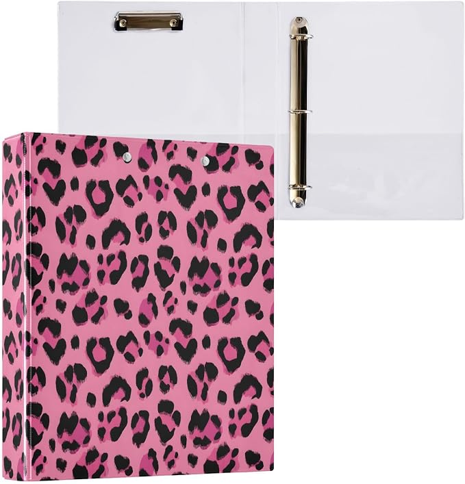 3 Ring Binder Hot Pink Black Leopard Print 1.5" Round Ring Binders View Binder with 200 Sheet for Kids School Supplies Women Men Office, 1 Pack