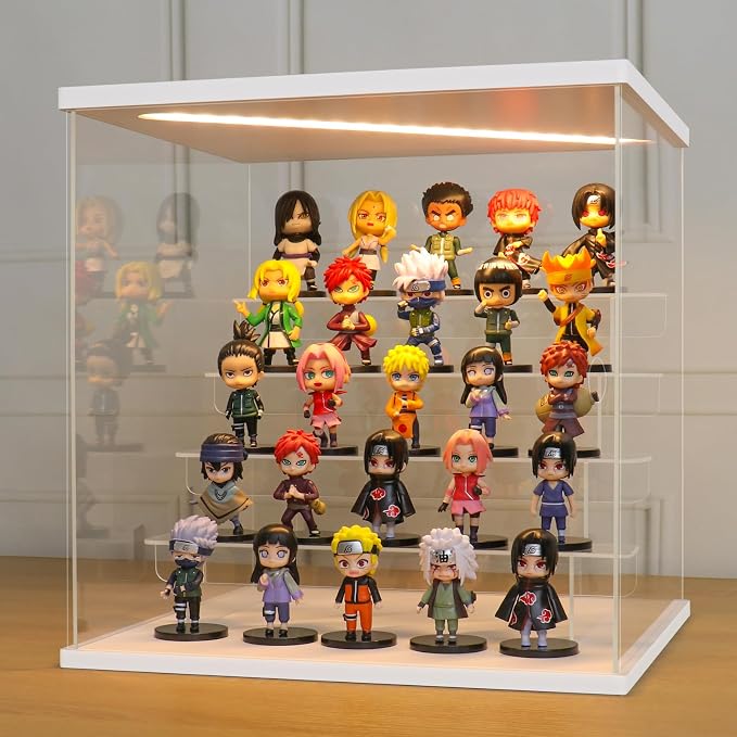 LANSCOERY Acrylic Display Case for Collectibles, 5-Tier LED Light, White | 3mm clear acrylic panels with front door access and tri-color top light for small figures on a desk or shelf.