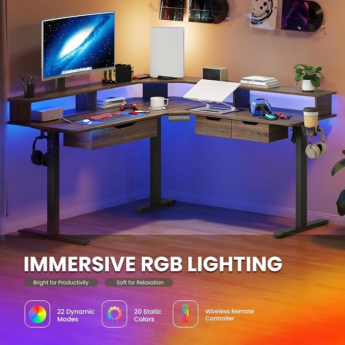 MALOL 59" L Shaped Electric Standing Desk with Drawers, Height Adjustable Desk with Power Outlets & LED Lights, Monitor Stand, Corner Computer Desk for Home Office, Walnut