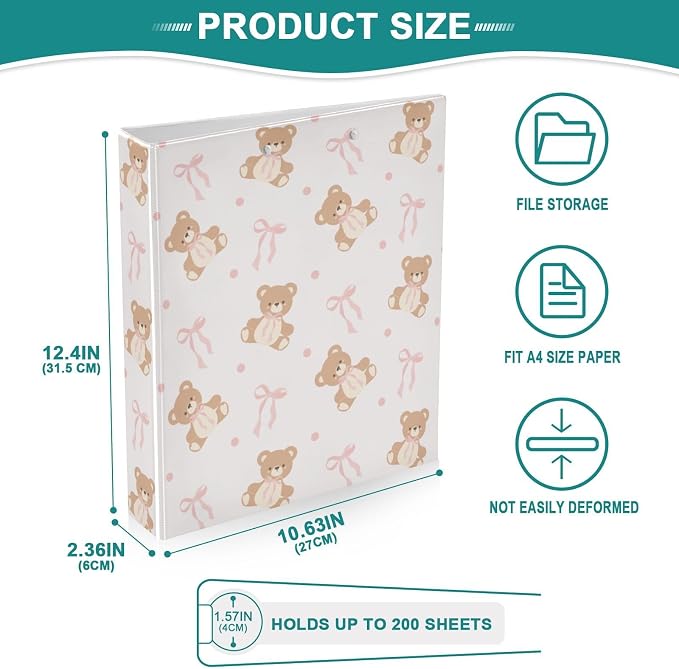 3 Ring Binder 1.5 Inch Animal Bear Pink Ribbon Bow Clipboards Binders with Interior Pockets Round Ring Binder for Office Supplies and School 1 Pack