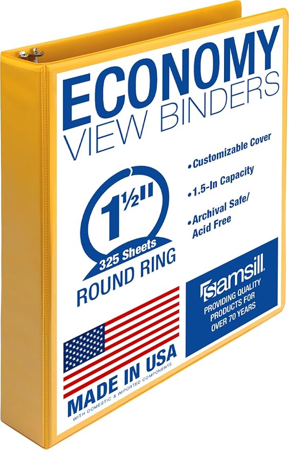 Samsill Economy 3 Ring Binder Organizer, 1.5 Inch Round Ring Binder, Customizable Clear View Cover, Yellow Binder