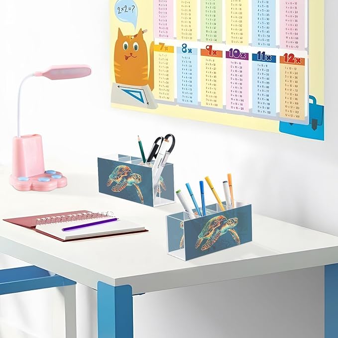 Sea Turtle Acrylic Printed Pen Holder 4 Compartments, Acrylic Plastic Pen Holder Cosmetic Brush Holder Desk Pen Holder Marker Organizer Square Acrylic Pen Holder 4 Compartments