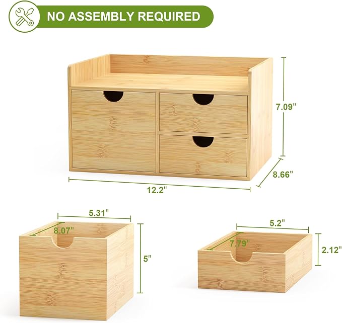 Bamboo Desk Organizer with Drawers, Desktop Storage Box for Office Supplies | 3 Drawers Desktop organizer, No Assembly Required, Natural Wood Wooden Desktop Drawers for Bills, Cosmetics, Seals, Paper