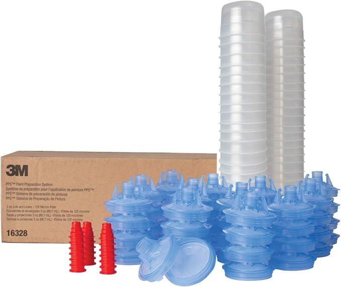 3M PPS (Original Series) Paint Spray Gun Cup Lids and Liners Kit, 16328 | Micro, 3 oz, 125-micron Filter, Use w/ Paint Gun for Cars, Furniture, Home, 50 Disposable Lids and Liners, 20 Plugs