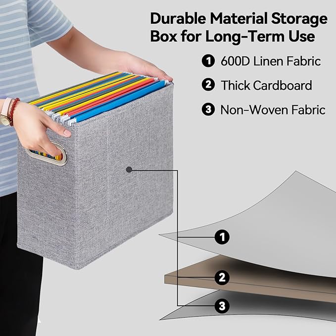 ComfortKeeper 2 Packs Letter Size File Organizer, File Folders Organizer, Fabric Storage Box, Collapsible Paper Organizer with Metal Handle, Smooth PVC Rails, Only Box (Gray)