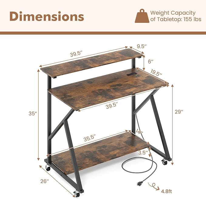 Giantex Rolling Computer Desk with Charging Station, Mobile Portable Laptop Desk with Monitor Stand & Storage Shelf, Small Desk with Lockable Wheels for Small Spaces, Home Office (Rustic Brown)