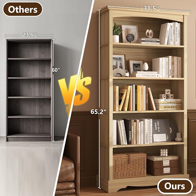 TVU 5-Tier Wooden Bookshelf, 65 Inch Tall Bookshelf with Storage, Floor Standing Modern Style Display Bookcase for Living Room, Office, Study Room, Entryway, Natural Wood Color