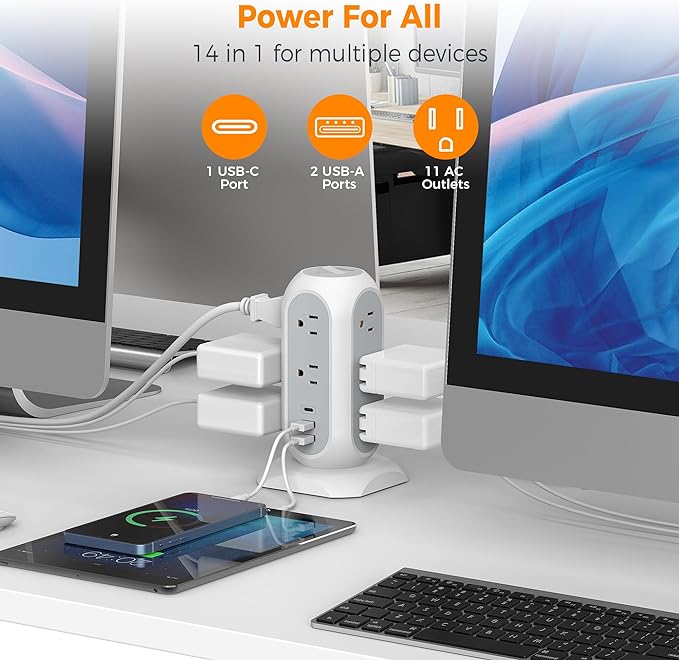 TESSAN Tower Power Strip Flat Plug with 1050J Surge Protection, 15 Ft, Grey | 11 Outlets 3 USB (1 USB C), Surge Protector Power Tower, Extension Cord with Multiple Outlets, Dorm, Office Desk Supplies