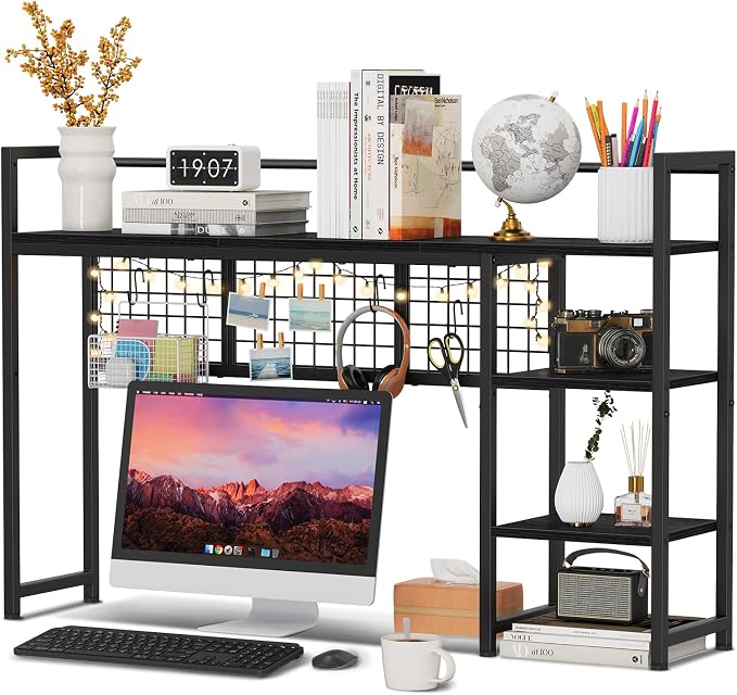 Snughome Desk Shelf, 44.9" Desktop Organizer Shelf, Desk Hutch for Computer Monitor, 4 Tier Desk Display Rack with Pegboard Hooks Set, Wood Desktop Bookshelf for Home Office Dorm