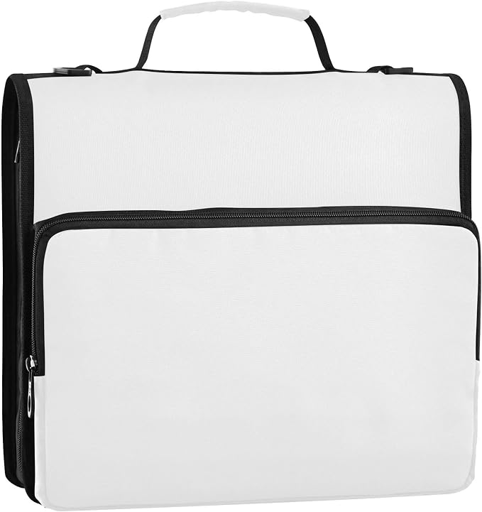 Fisyme White Zipper Binder 3 Ring with Zipper and Shoulder Strap Large Capacity Multi-Pocket Binder Organizer