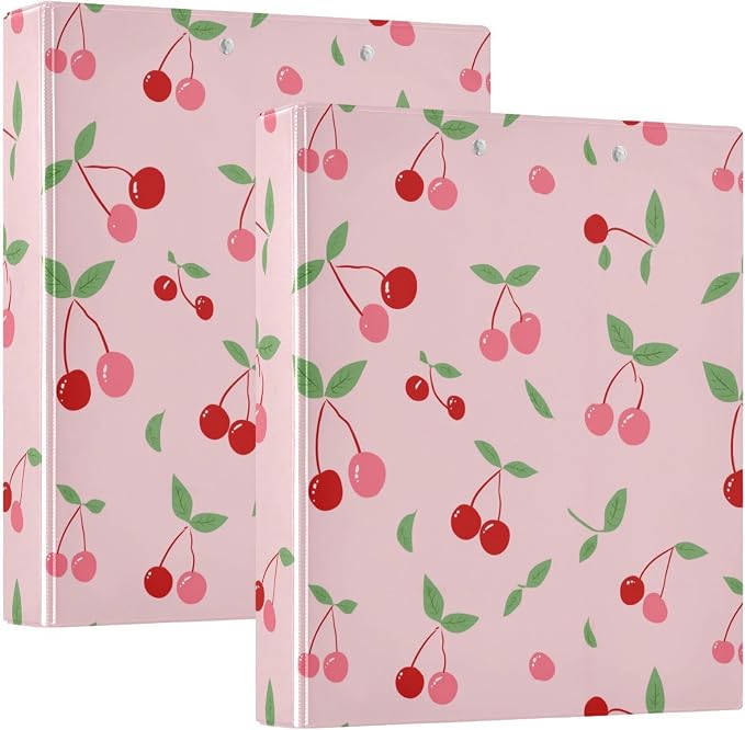 Pink Cherry Hard Cover Ring Binder 1.5 Inch 3 Ring, Printed Ring Binder with Metal Non-Slip Clip Clear Pocket Water Resistant Round Ring Binders for Recipe Budget Office