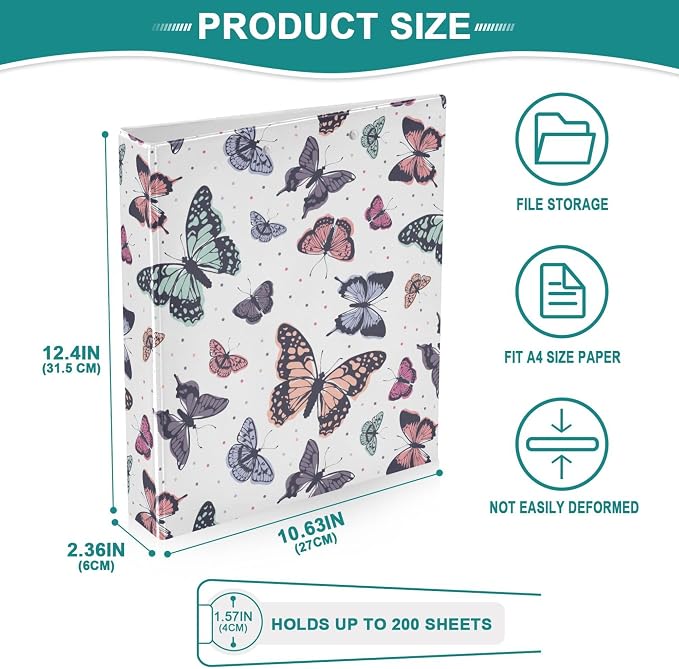 Butterfly Pastel Color Round Ring Binders 1.5 Inch Flora Insect Biology Natural 3 Ring Clipboard Binder for Office School Work Supplies File Folder 200 Sheet Capacity 2 Pieces