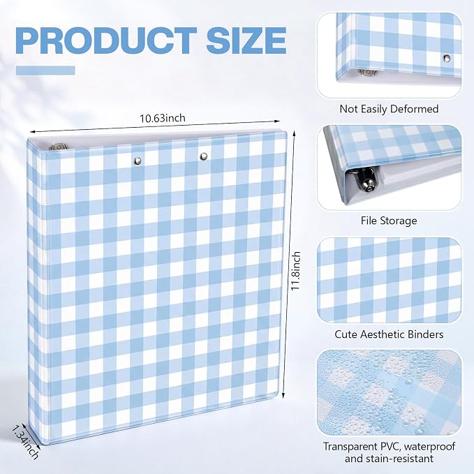 Colarr Blue Gingham 3 Ring Binder 1 Inch with Clipboard Interior Pockets, Cute Preppy Round Ring Binder for Office Supplies & File Folder Organization