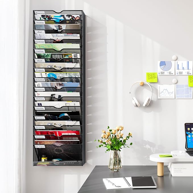Hanging Wall File Organizer,16-Tier Desk File Mail Holder, Paper Bill Organization For Office Home School, Black