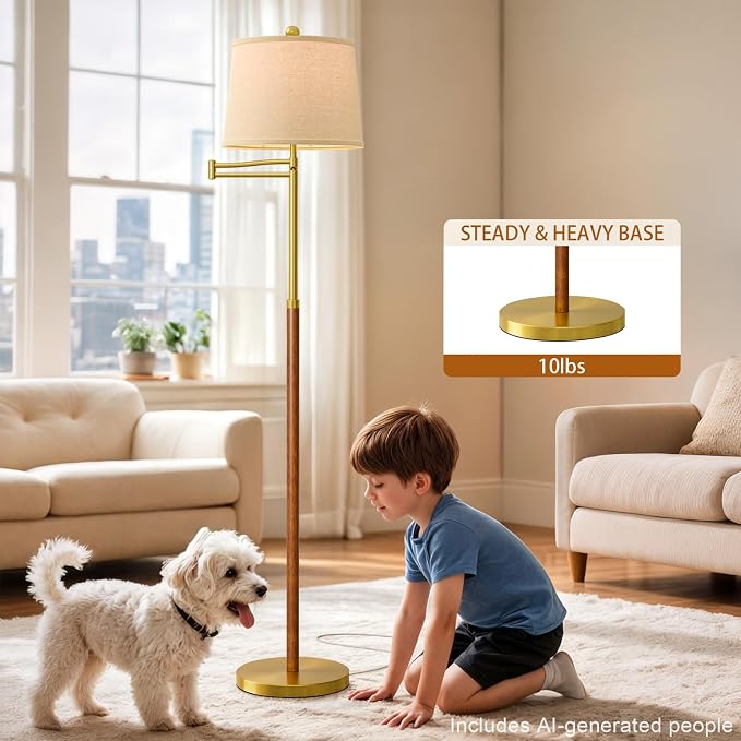 G-SAFAVA Real Wood Floor Lamps for Living Room Bedroom, 61" Floor Lamp with 350° Adjustable Swing Arm Vintage Lamps for Living Room