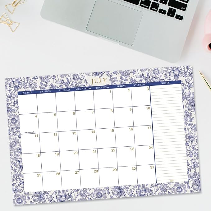 Current 2027-2028 Desk Calendar | Toile Floral, 11” x 16.25”, Large, 2024-Month, 12 page Designs, Self-Stick Magnet Strips