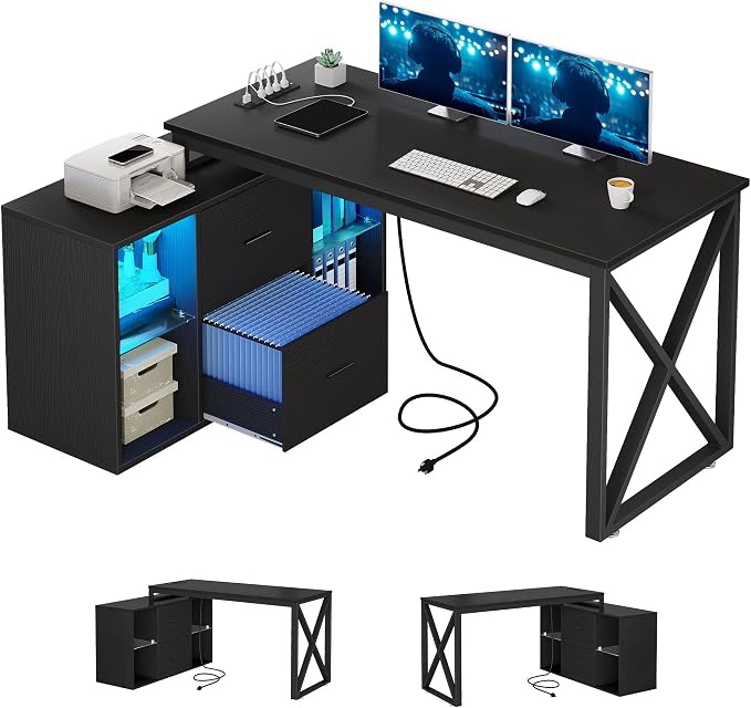 YITAHOME L Shaped Desk with Power Outlets & File Cabinet,55" Reversible Corner Computer Desk with Drawers & LED Lights, L-Shaped Desk with 4 Glass Open Storage Shelves, Black