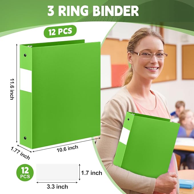 Henoyso 12 Pcs 1.5 Inch 3 Ring Binders, Letter Size,Lime Green | Binders Bulk, Holds 350 Sheets, Round Rings, Durable Flexible PP Plastic Covers, Pockets Labels, School Office Supplies