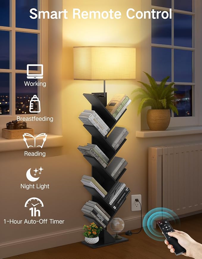 9 Tier Tree Bookshelf with Light, Remote & Timer, Dimmable Tall Floor Book Shelf, Narrow Wood Bookcase, Small Book Organizer Shelves for Living Room, Bedroom, Home Office (Black)