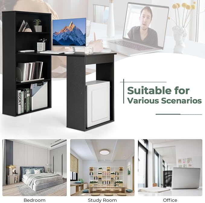 GRAFFY Computer Desk with 6 Storage Shelves - 48" Reversible Writing Desk Workstation with Bookshelf and CPU Stand, Modern Compact Office Desk for Bedroom, Study, Home, Office (Black) | Reversible Writing Desk with 6 Storage Shelves, Modern Compact Off...