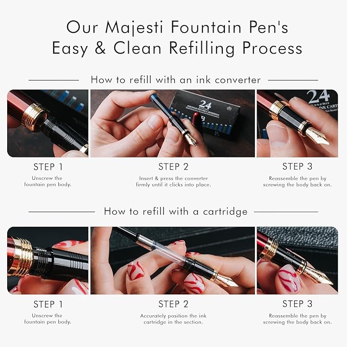 Wordsworth & Black Majesti Fountain Pen-(Black), Luxury Case, 24K Gold Finish; 18K Gilded Fine Nib-Ink Cartridges, Refillable Ink Converter-Calligraphy Pen-Best Business Gift Set for Men & Women