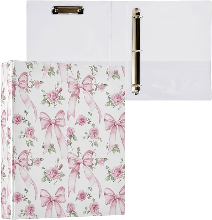 Bows Roses 3 Round Ring Binders Pink | 1.5 Inch Binder with Clipboard, PVC Pockets, Work Organizer, Holds 200 Sheets for School Office 1 Pack