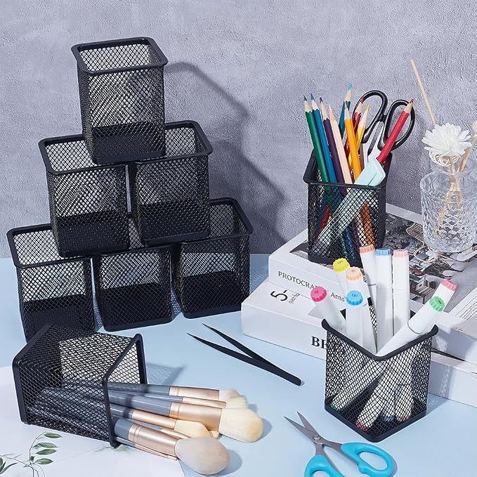 16 Pack Square Black Pen Holder, Metal Mesh Pencil Cups Bulk Pencil Holder Organizer Mesh Pen Holder for Desk Office Supplies School Classroom Desktop Accessories Makeup Brush