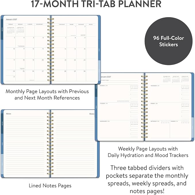 Orange Circle Studio 2027 Planner, Blue Gray Tri-Tab Weekly & Monthly Planner, 9.6" x 7", Spiral Bound Organizer with Note Pages, Pocket Dividers & Elastic Closure Design for Home Office Planning Uses