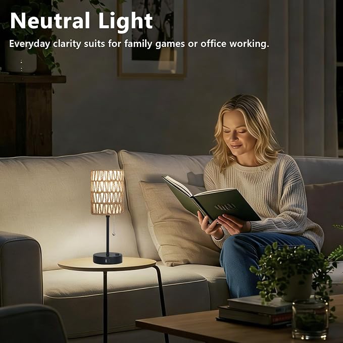 Rattan Bedside Table Lamps Set of 2 - Boho Lamps With 3 Color Temperatures & USB AC Port, Pull Chain Table Lamp For Bedroom, Cute Small Lamp For Nightstand Office Desk Bed Side End Table Living Room