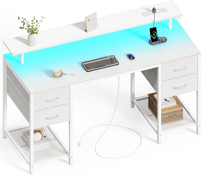 Huuger 55 inch Computer Desk with Power Outlets & 4 Drawers | Gaming Desk with LED Lights, Home Office Desk with Large Storage Space for Bedroom, Work from Home, White