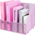 Desk Organizers, Metal Magazine File Holder with 4 Vertical Compartments Rack Binder File Organizer for Office Supplies, Home Workspace - Pink