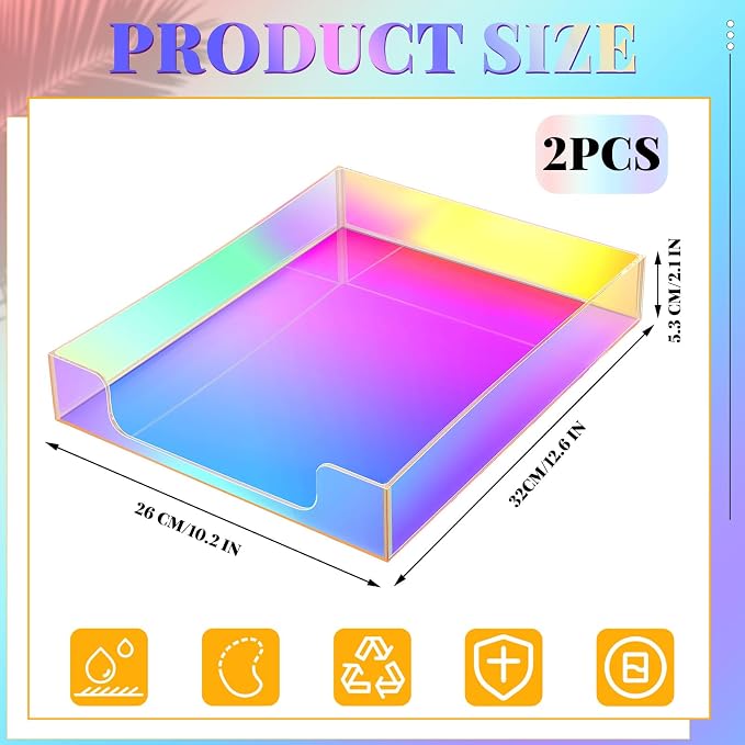 Iridescent Acrylic Letter Tray 2 Pcs 12.6 x 10.2 x 2.1'' Paper Tray Organizer Stackable Desk Supplies with Non Slip Rubber for Office Accessories Desk File Document Folder