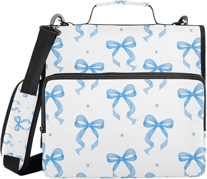 3 D-Ring Zipper Binder Bag, Blue Ribbon Bow Dots Pattern Removable Binder with Zipper Case Hold 300+ Sheets& 13 Inch Laptop for School Office Supplies Organizer