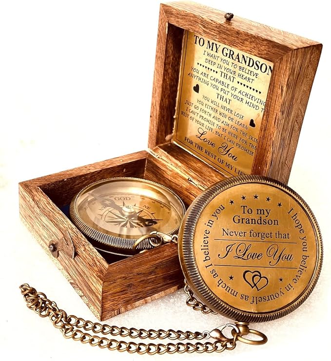 Gift for Grandson Brass Compass Engraved Quote | Memory Present to My Grandson Birthday, Baptism, Graduation, Confirmation, Love, Gift idea by Grandpa Grandma