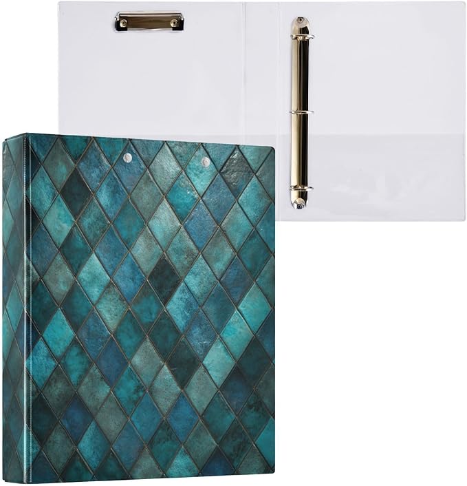 Vintage Teal and Turquoise Tiles Binder 3 Ring 1.5 Inch Binder with Clipboard&Pockets, Hardcover Binders Heavy Duty Large File Folder for Office School Supplies - Holds 200 Sheets