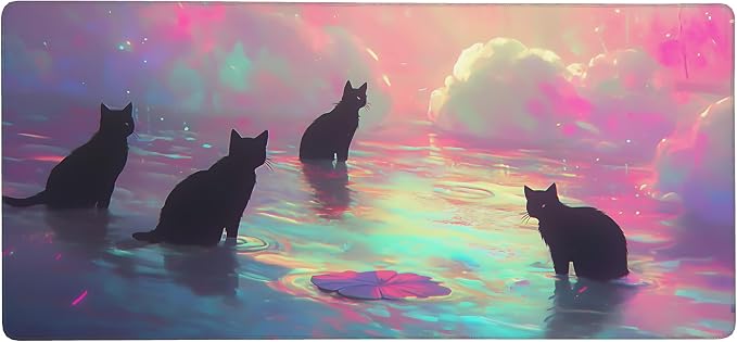 Anime Black Cat Gaming Mouse Pad, Blue Pink Dreamy Desk Mat with Anti-Slip Base & Stitched Edges,35.4" x 15.7" in Table Mat for Computer Desktop, Beautiful Workstation Decor