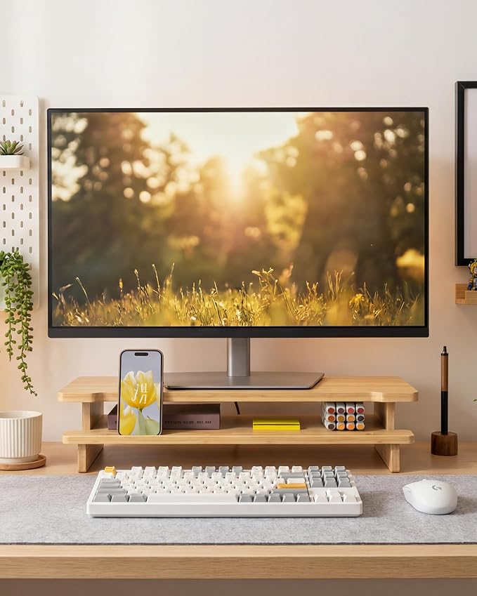 23” Bamboo Monitor Stand with Phone & Tablet Holder Desk Shelf | Monitor Riser for 40-55 Inch Desk Cozy Computer Setup Workplace Organizer Keyboard Storage Compact Ergonomic