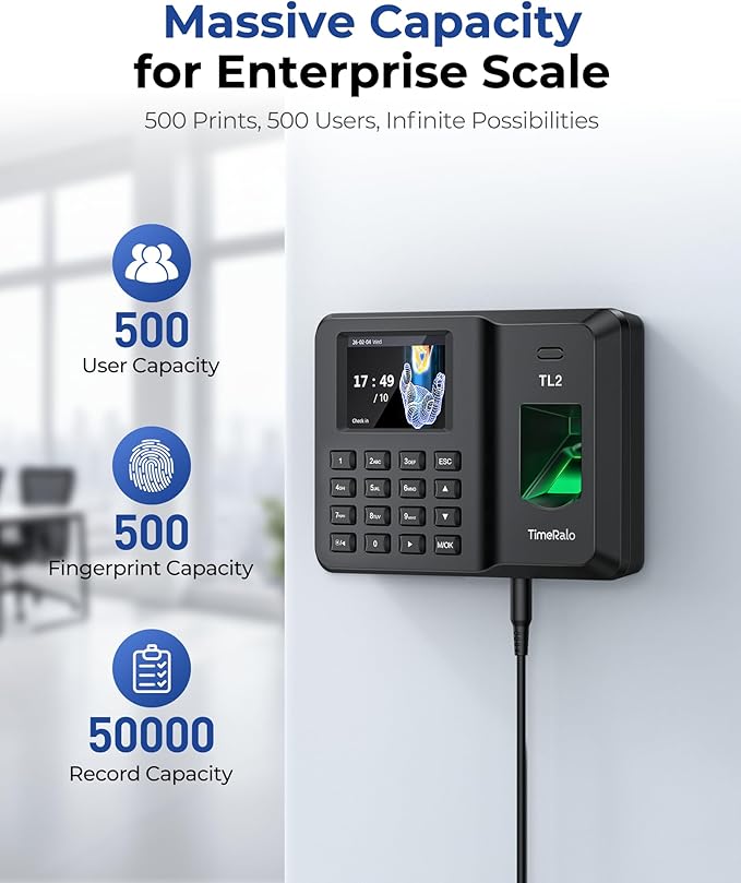 Standalone Time Clock for Employees, Fingerprint/PIN Punch Machine | Employee Attendance Punch Machine with USB Data Export, Works Offline, No WiFi, Software & Monthly Fees
